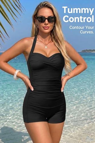 Image of Tempt Me Women Tummy Control One Piece Swimsuits with Shorts Boyleg Retro Bathing Suit Halter Swimwear