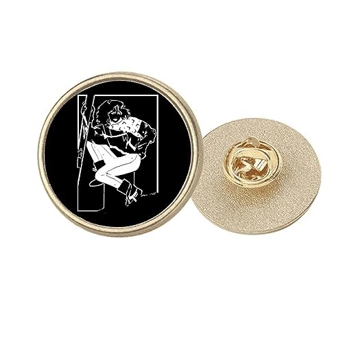 Broche ronde en métal doré motif noir sport d'hiver taille M bijou de manteau