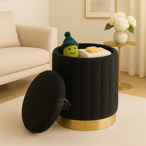 Image of Ottoman Stool with Storage, Round Dutch Velvet Cover Memory Foam Padded 32L Capacity Ottoman Bench Footrest, Pouffe, Office Stool, Makeup Chair, Vanity Chair for Living Room, Bedroom
