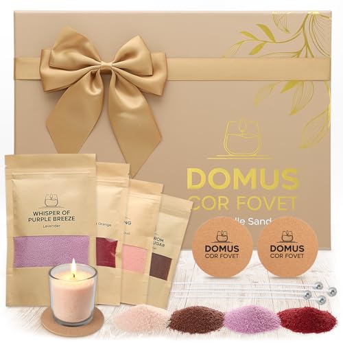 Festicy Coffret Sable de Bougie Parfumé – 4×100 g (Caramel salé, Lavande, Grenade & Orange Douce, Ambre & Oud) I avec 5 mèches + 2 sous-Verres en liège I Bougie Noel I Bougie parfumées