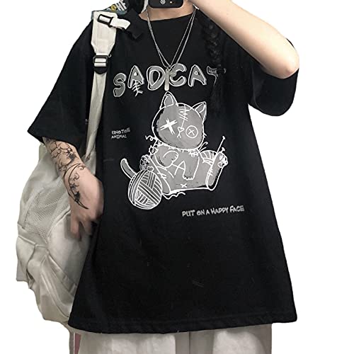 Women's Goth T-Shirt Summer Graphic Harajuku Gothic Creepy Cat Print Novelty Short Sleeve Top