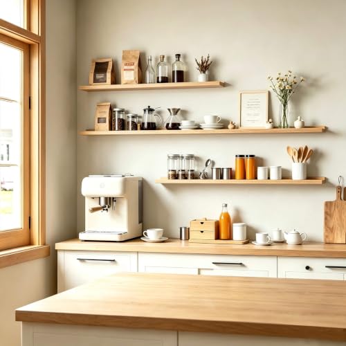 Image of Oak Floating Shelves for Wall Decor, 40 in Shelf with Lip, 2 Set | 4.5 inch Deep Display Picture Ledge Shelf, Long Wall Mounted Storage Shelves for Bedroom, Bathroom, Living Room, Kitchen, Nursery