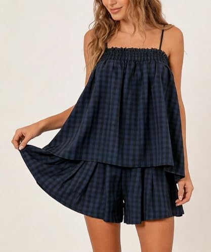 Image of SOOKABEILA Women 2 Piece Lounge Set Sleeveless Striped Cami Peplum Top Boxer Shorts Loose Ruffle Matching Pj Sets Outfits
