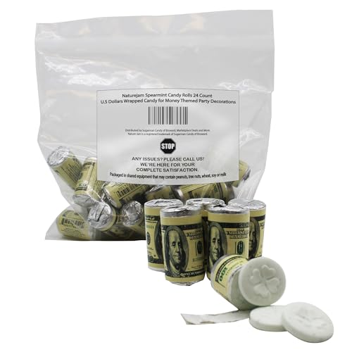 Naturejam Spearmint Candy Rolls 24 Count - U.S Dollars Wrapped Candy for Money Themed Party Decorations - Edible Money Fun Casino Candy - Money Candy Mints for Office and Party Favors