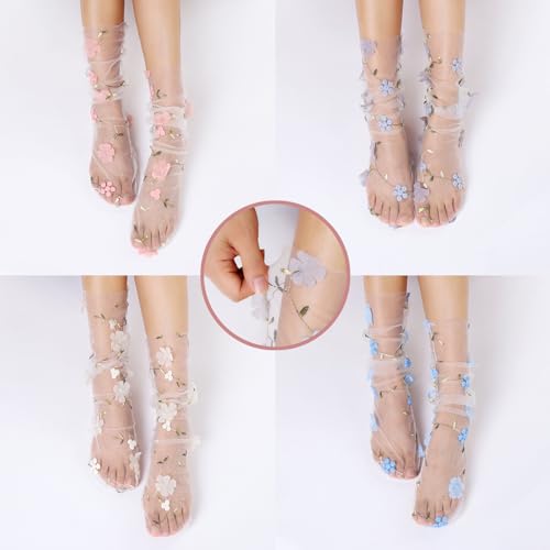 Women Sheer Lace Socks Floral Decorated Slouch Mesh Socks See Through Transparent Tulle Socks for Girls 4 Pairs, 4.5-7.52