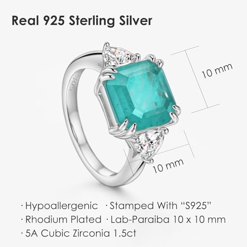 Michooyel 3.75ct Paraiba Promise Ring for Women Asscher Cut Three Stone Statement Ring in 925 Sterling Silver3
