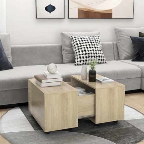 WRJENFSC Table basse extensible en chêne Sonoma avec roulettes 60 x 60 x 38 cm pour salon