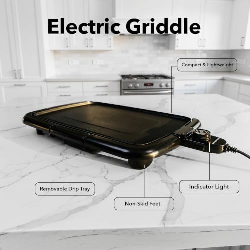 Image of OVENTE Electric Griddle with 16 x 10 Inch Non-Stick Plate, Black GD1610B | Removable and Adjustable Temperature Control, Indoor Grill perfect for Instant Breakfast, Pancakes, Eggs or Burgers