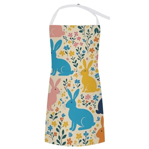 SESLFLKPJK Dog Grooming Wedding Restaurant Kitchen Apron Large Pocket Waterproof Fashion Apron Boys Girls, Easter Rabbit Flower Art Apron With Roomy Pocket, Easy Care Aprons