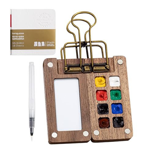 Set de Viaje Acuarela para Artistas | Caja de Paleta de Madera 8 Compartimentos | Kit de Pintura Portátil con Paleta Plegable, Cuaderno, Pincel & Pintura | Regalo Pintores