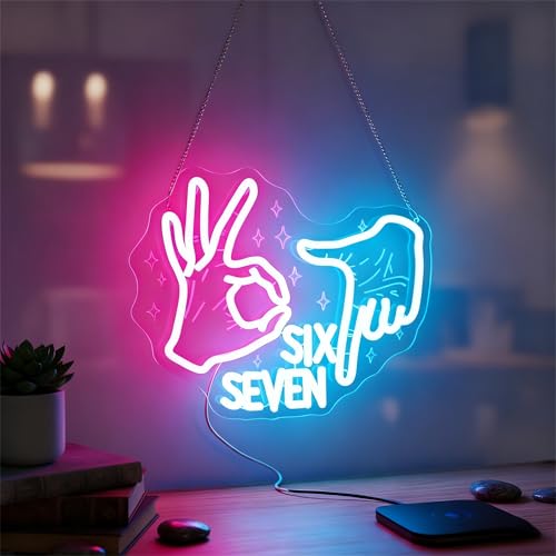 Image of 67 Neon Sign for Bedroom - Six Seven 6 7 Meme LED Wall Light | Pink Hand Gesture & Ice Blue Numbers, USB Dimmable, 13.8 inchx11.2 inch, TikTok Viral Room Decor, Gen Alpha Teens