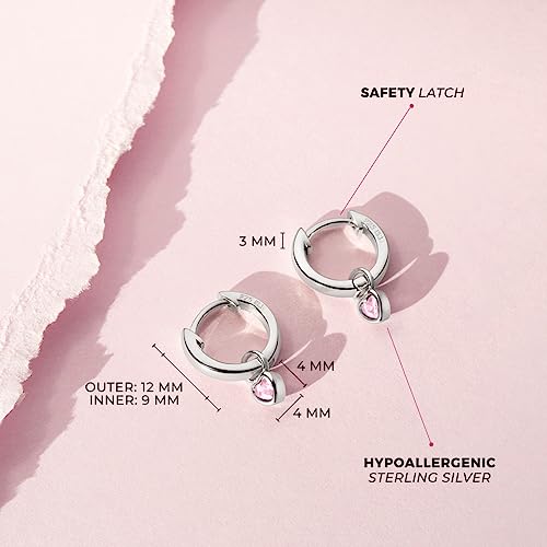 Image of In Season Jewelry Simulated Birthstone Heart Charm Girls Hoop Earrings for Kids - 925 Sterling Silver Little Girl Hoop Earrings - Hypoallergenic & Comfortable with Secure Latch Closure
