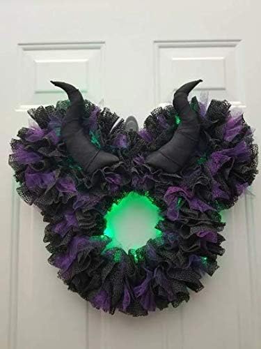 22" Large Maleficent Light Up Spooky Villain Disney Halloween Wreath - Battery Powered LED Lights - Black, Purple, and Green