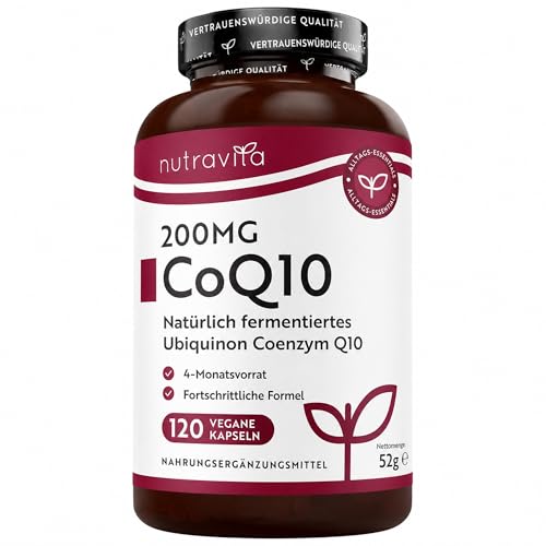 Nutravita CoQ10 200 mg 120 vegane Kapseln mit hochwirksamem Co-Enzym Q10 4-Monats-Vorrat 100 reines und natürlich fermentiertes Ubiquinon-Coenzym keine synthetischen Zusatzstoffe hergestellt