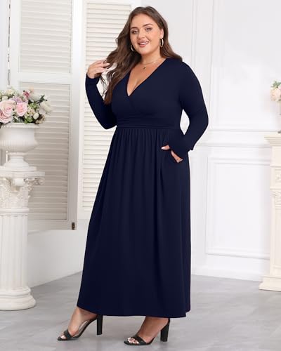 Image of COSSEN Womens Plus Size Maxi Dresses for Curvy Women 2026 Casual Ladies V Neck Flowy Swing Long Dress with Pockets XL-5XL