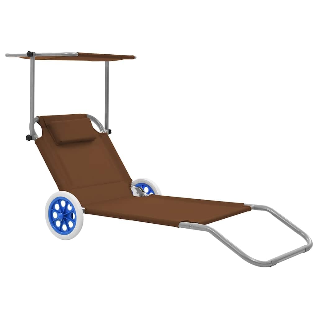 Fengshui Klappbare Sonnenliege Mit Dach Stahl Taupe | Verstellbare Rückenlehne, Kopfkissen inklusive, 2 Räder für Transport, max. 110 kg