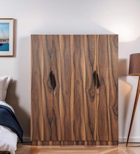 Image of Mintwud Pepperfry Engineered Wood Wardrobe with 4 Doors Storage and 2 Hanging Rod | Wooden Almirah Cupboard for Clothes Storage Organizer for Living Room Home Bedroom Furniture (Brown Finish)