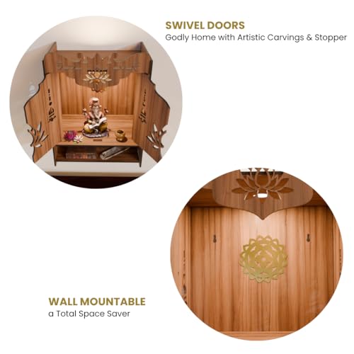 Image of NIVED YAMUNA Engineered Wood Mandir with Door | Spotlight | Extra Storage | 21 x 16 x 10.5 inch | Wall Mountable | No Screw /Bolt Screw Assembly | Home Temple | Pooja Stand | Colour: Walnut