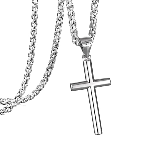 Speroto Silver Cross Necklace for Men, 925 Sterling Silver Mens Cross Pendant with Wheat Chain, Simple Jewelry Gift for Men Women