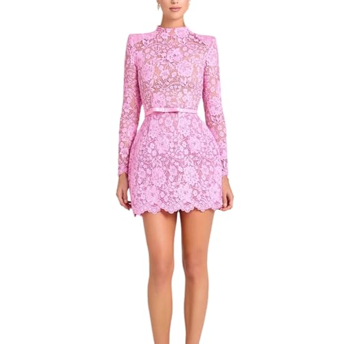 Image of Charm Elegant Semi-Sheer Floral Lace High Neck Dress with Defined Waist for Wedding Guest Cocktail Party (Pink,Medium)
