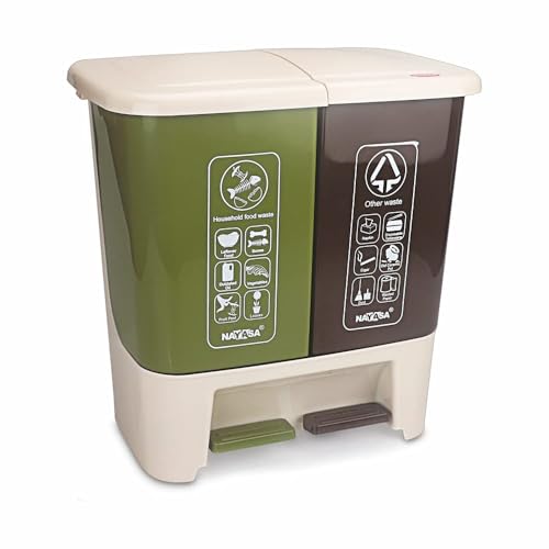 Image of Nayasa 2 in 1 Pedal Dustbin Bold - 25 L (12.5 L Each) | Twin Compartment Wet & Dry Waste Bin | Durable Plastic Pedal Bin for Home, Kitchen & Bathroom | Brown & Green