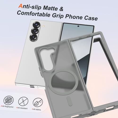Image of ORETECH Magnetic Case Compatible with Samsung Galaxy Z Fold 6 Case, Translucent Back Non-Slip Hard PC Shockproof Bumper Protective Phone Case Cover for Samsung Z Fold 6 - Grey | Translucent Back Non-Slip Hard PC Shockproof Bumper Protective Phone Cover