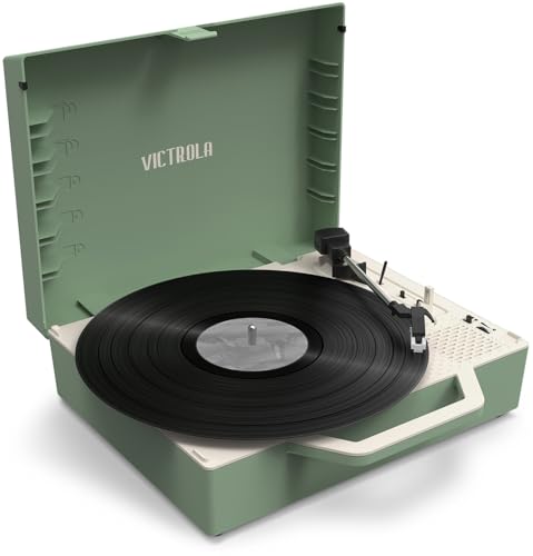 Image of Victrola Re-Spin - Sustainable Suitcase Vinyl Record Player, 3-Speed (33 1 /3, 45 & 78 RPM), Belt-Driven Bluetooth Turn Table with Built-in Bass Radiator, 3.5mm Headphone Jack (Basil Green)