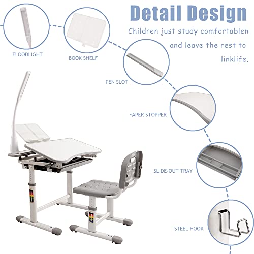 Diroan Kids Desk And Chair Set, Height Adjustable Multifunctional Dest Set With Tilt Desktop, Storage Drawers, Led Light, Bookstand And Metal Hook, Interactive Workstation For Boys & Girls (Gray) #TOP4