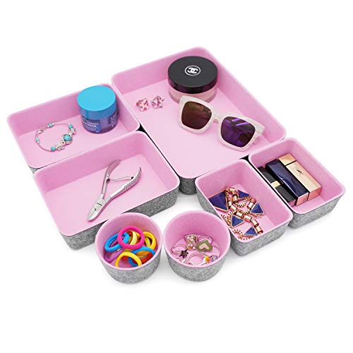 WELAXY Drawer organizers bins felt trays desk storage bins dividers small drawers organizing bins round organizing box for office supplies closet cabinet socks makeup holder 7-piece Gift Pack (pink )
