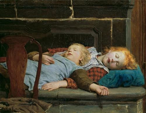 Poster deux filles endormies sur le banc du poêle par Albert Anker toile déco mural 60x90cm