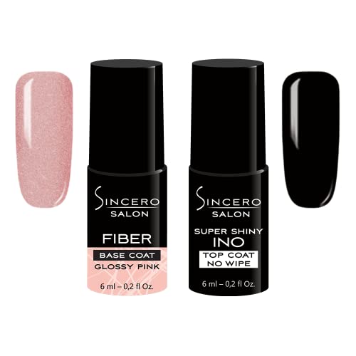 Sincero Salon Fiber Base y Top Coat Semipermanente - Kit Esmalte Semipermanente para Uñas - LED UV Top Coat y Base Coat Glossy Pink para Gel Uñas - Kit Uñas Semipermanentes 2pcs
