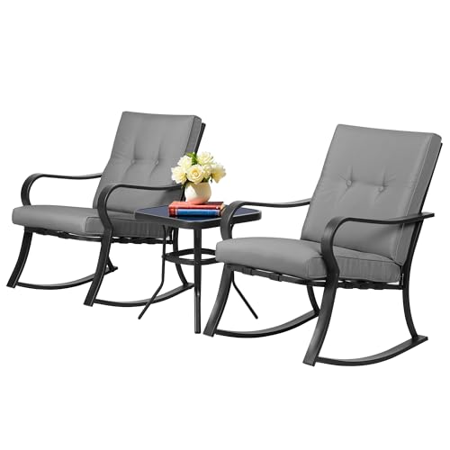 SUNCROWN Outdoor 3-Piece Rocking Chairs Patio Bistro Set Black Steel Furniture with Thickened Cushion and Glass-Top Coffee Table, Grey