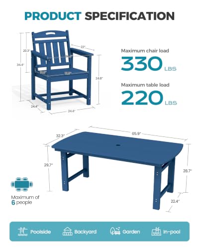 Image of Ciokea HDPE Outdoor Dining Set of 6, Patio Table and Chairs Sets, Navy Blue