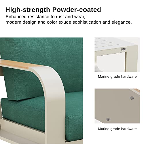East Oak Signature 3 Pieces Patio Furniture Set, Outdoor Furniture With Aluminum Frame Finest Teak Wood Armrest Cushion Sofa And Table, Modern Patio Conversation Set For Garden Porch, Champagne&Green #TOP5