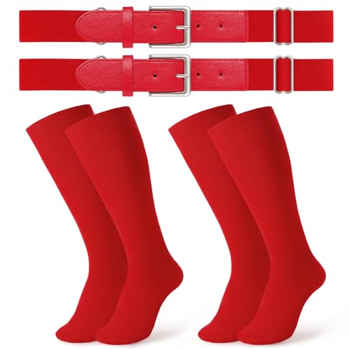 JASGOOD 2 Pack Baseball Belt and Socks Combo Set Adjustable Softball Belt and Socks Elastic Waist Belt for Youth and Adult Red