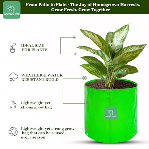 Image of GREENSHEEP HDPE Grow Bag Heavy Duty 260 GSM Round Plants Flower Growing Bags Floor Standing Mount Type for Home Garden Balcony Terrace Kitchen Nursery (Green, 15x15 inch, Pack of 20)