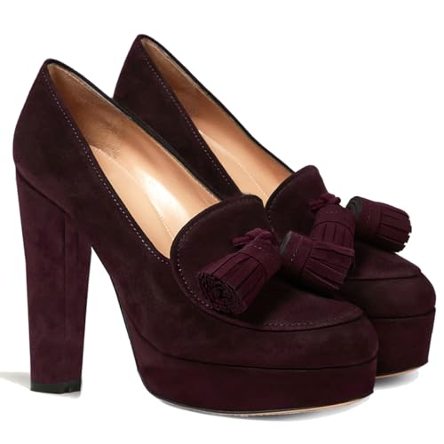 Image of SHODENSE Women Vintage Chunky Platform Loafers Pumps Tassel Round Closed Toe Slip On Suede Block High Heel Dress Loafer Shoes Buckle Strap Oxford Loafers Fringe Pump Dressy Chic Sexy Y2k 4-11 M US