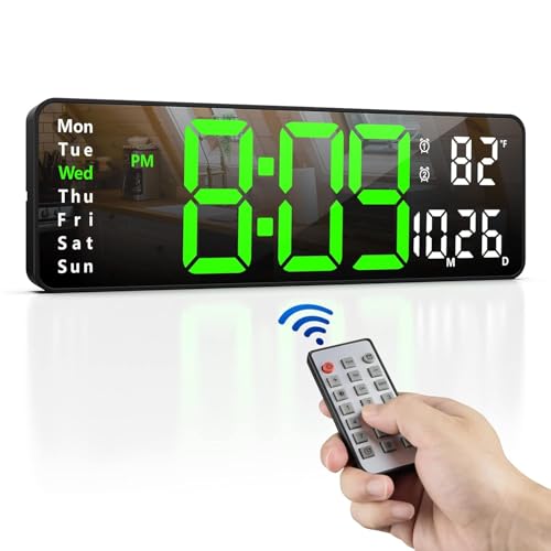 Image of Large-Digital-Wall-Clock Large Display with Remote Control, Automatic Brightness Alarm Clock with Temperature, Date, Week for Living Room Office Decor (16 inch Rectangle Green+White)