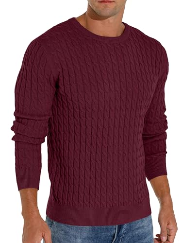Image of Hisir Men's Winter Cable Knit Jumpers Casual Crew Neck Warm Long Sleeve Pullover Sweater Tops for Men (Wine Red, M)