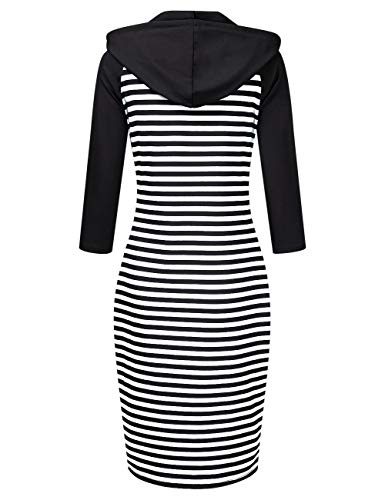 Clearlove Women's Stripe Pocket Knee Length Slim Pullover Hoodie Dress (L, Raglan-Blackwhite) #TOP3