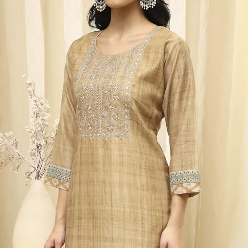 Image of BIBA Women Beige Cotton Machine Embroidered Unstitched Suit Set