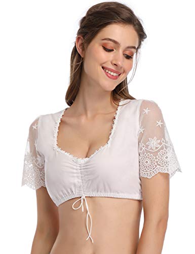 GloryStar Women\'s Bavarian Oktoberfest Costume Traditional Dirndl Blouse Shirt Solid Color Short Sleeve Tube Top (S, White05)