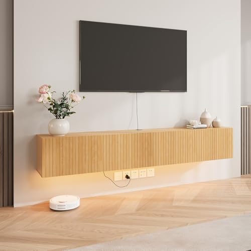 Floating TV Stand Wall Mounted, 71" Floating TV Shelf Cabinet with LED Lights & Power Outlet, Midia Console Entertainment Center with Fluted Storage for Wall Under TV Living Room Bedroom, Light Oak