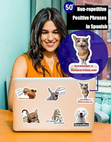 Image of Funny Spanish Cat & Dog Meme Stickers, Waterproof Vinyl Animal Decals for Water Bottles & Laptops, Hilarious Spanish Teacher Supplies & Student Gifts