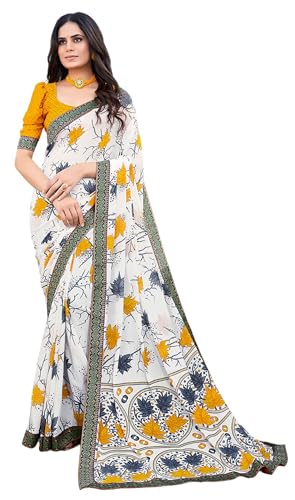 Sari imprimé georgette haut de gamme avec bordure dentelle raffinée