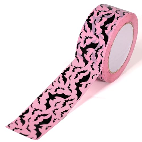 Whaline 109 Yard Halloween Packing Tape Pink Black Bat Decorative Gift Wrapping Tape for Small Business DIY Crafts Box Carton Decor