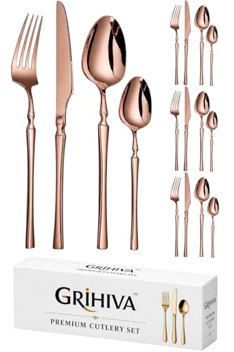 Image of 16 Pcs Rosegold Slim Handle Stainless Steel Cutlery Set for Dining Table with Spoons and Forks Set + Butterknives - The Perfect Tableware /Flatware