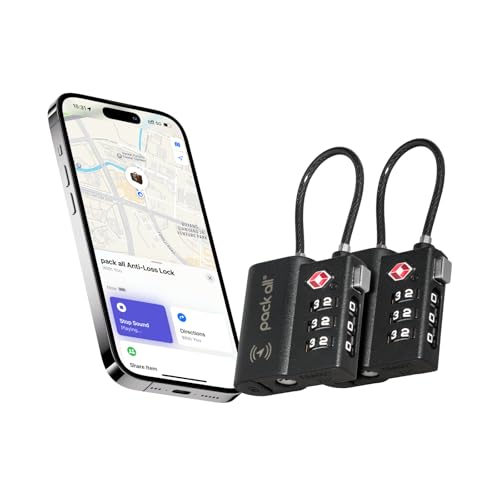 pack all Anti-Lost Tracking Luggage Lock, Smart TSA Approved Cable Lock with 3-Digit Combination, Built-in Tracker, Compatible with Apple Find My (Black, 2-Pack)