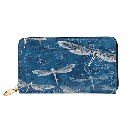 (Blue Dragonfly) Print Women's Long Wallet Clutch with Zipper Multiple Card Slots Coin Pocket Elegant Ladies Purse