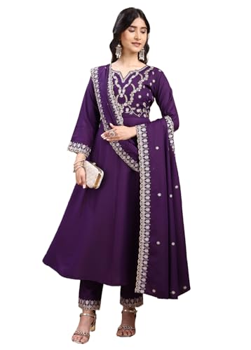 Ensemble kurta violet brodé en soie Pratham Blue avec pantalon et dupatta pour femme taille S